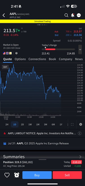 The full quote details screen on the iphone